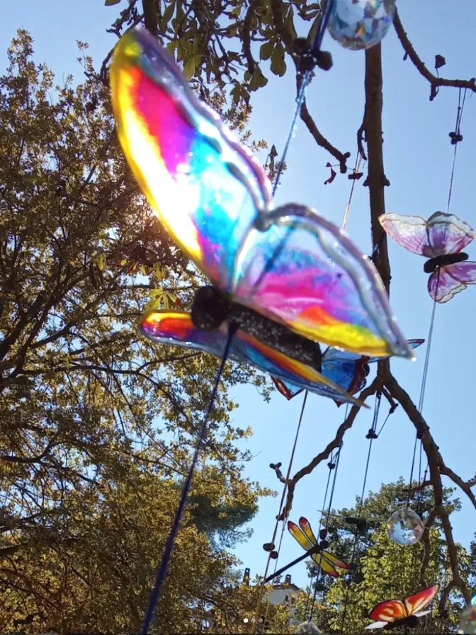 Iridescent butterfly backlit in a tree